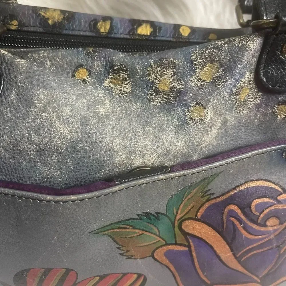 Hand-Painted Floral Leather Tote Bag - Gray